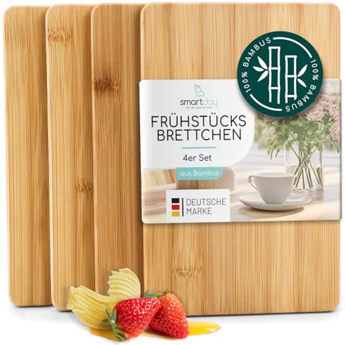smartday Frühstücksbrettchen Schneidebretter Holz klein aus Bambus Holz – 4er Set Schneidebrett 23 x 15 cm, Holzbrettchen pflegeleicht & robust I Frühstücksbretter Brettchen Holzbrett - Brotzeitbrett von smartday