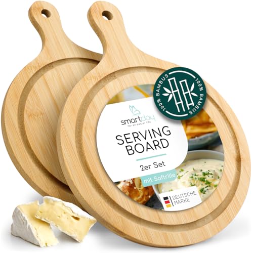 smartday Schneidebrett Set Oval aus Holz, Holzbrett mit Griff I 2er Set Frühstücksbrettchen aus Bambus für die Küche I Servierbrett mit Saftrille, Käsebrett von smartday