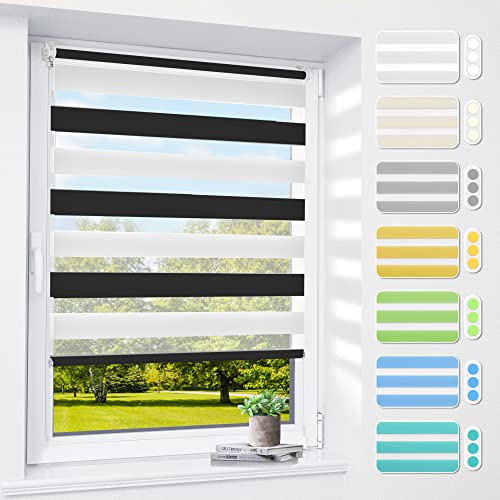 Doppelrollo klemmfix ohne Bohren & mit Bohren, 60x130cm (BxH) Schwarz-Weiß, 3-in-1 Duo Rollo für Fenster & Tür, Fensterrollo innen lichtdurchlässig & verdunkelnd, Klemmrollo Rollos Sonnenschutz von smartdemo