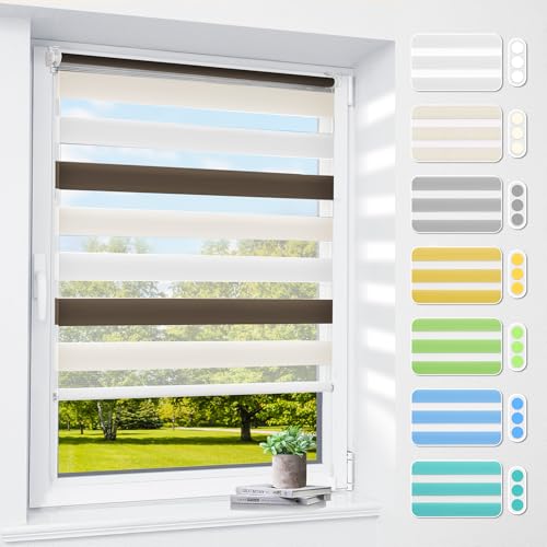 Doppelrollo klemmfix ohne Bohren & mit Bohren, 60x130cm (BxH) Weiß Creme Braun, 3-in-1 Duo Rollo für Fenster & Tür, Fensterrollo innen lichtdurchlässig & verdunkelnd, Klemmrollo Rollos Sonnenschutz von smartdemo
