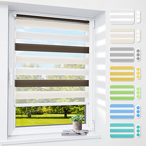 Doppelrollo klemmfix ohne Bohren & mit Bohren, 90x130cm (BxH) Weiß Creme Braun, 3-in-1 Rollos für Fenster & Tür, Fensterrollo innen lichtdurchlässig & verdunkelnd von smartdemo