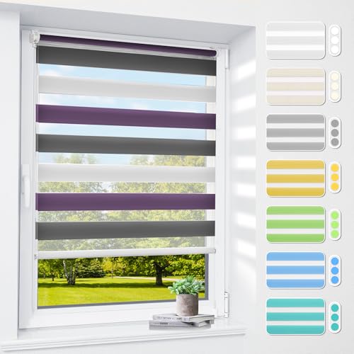 Doppelrollo klemmfix ohne Bohren & mit Bohren, 65x150cm (BxH) Weiß Lila Anthrazit, 3-in-1 Duo Rollo für Fenster & Tür, Fensterrollo innen lichtdurchlässig & verdunkelnd, Klemmrollo Rollos Sonnenschutz von smartdemo