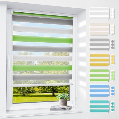 Doppelrollo klemmfix ohne Bohren & mit Bohren, 80x140cm (BxH) Weiß Grau Grün, 3-in-1 Duo Rollo für Fenster & Tür, Fensterrollo innen lichtdurchlässig & verdunkelnd, Klemmrollo Rollos Sichtschutz von smartdemo