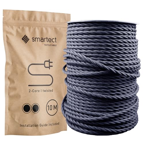 smartect Textilkabel Anthrazit, 10 Meter Vintage Lampenkabel Stoff Gedreht, 2-Adrig (2 x 0.75 mm²) Stromkabel Textilummantelt für eigenes DIY Projekt von smartect