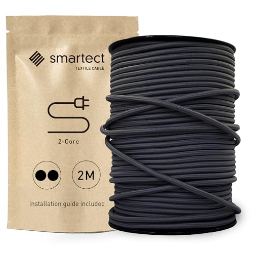 smartect Textilkabel Anthrazit, 2 Meter Vintage Lampenkabel Stoff, 2-Adrig (2 x 0.75 mm²) Stromkabel Textilummantelt für eigenes DIY Projekt von smartect