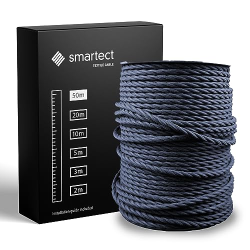 smartect Textilkabel Anthrazit, 50 Meter Vintage Lampenkabel Stoff Gedreht, 3-Adrig (3 x 0.75 mm²) Stromkabel Textilummantelt für eigenes DIY Projekt von smartect