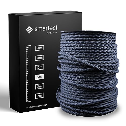 smartect Textilkabel Anthrazit, 5 Meter Vintage Lampenkabel Stoff Gedreht, 3-Adrig (3 x 0.75 mm²) Stromkabel Textilummantelt für eigenes DIY Projekt von smartect