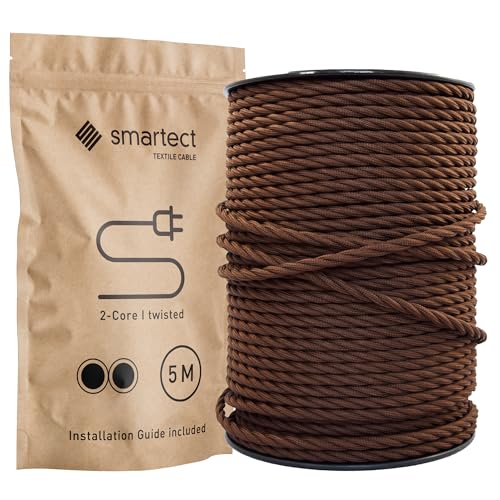 smartect Textilkabel Braun, 5 Meter Vintage Lampenkabel Stoff Gedreht, 2-Adrig (2 x 0.75 mm²) Stromkabel Textilummantelt für eigenes DIY Projekt von smartect