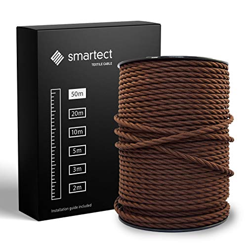 smartect Textilkabel Braun, 50 Meter Vintage Lampenkabel Stoff Gedreht, 3-Adrig (3 x 0.75 mm²) Stromkabel Textilummantelt für eigenes DIY Projekt von smartect