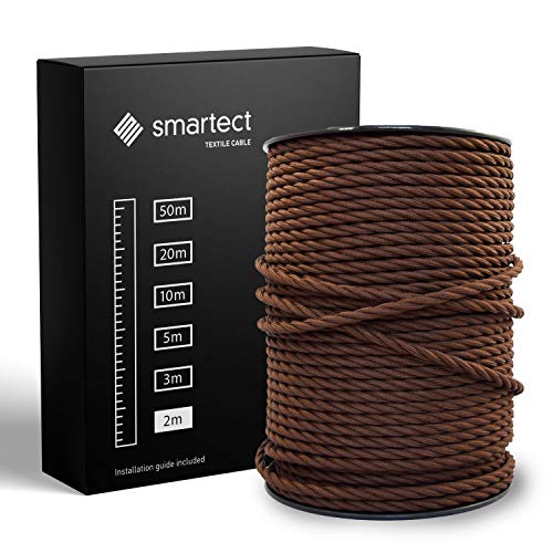 smartect Textilkabel Braun, 2 Meter Vintage Lampenkabel Stoff Gedreht, 3-Adrig (3 x 0.75 mm²) Stromkabel Textilummantelt für eigenes DIY Projekt von smartect
