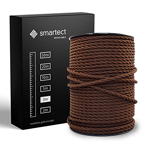 smartect Textilkabel Braun, 3 Meter Vintage Lampenkabel Stoff Gedreht, 3-Adrig (3 x 0.75 mm²) Stromkabel Textilummantelt für eigenes DIY Projekt von smartect