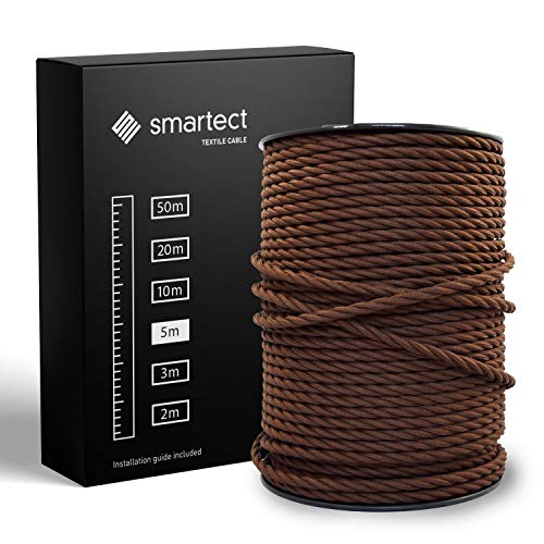 smartect Textilkabel Braun, 5 Meter Vintage Lampenkabel Stoff Gedreht, 3-Adrig (3 x 0.75 mm²) Stromkabel Textilummantelt für eigenes DIY Projekt von smartect