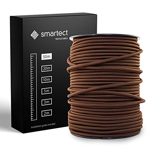 smartect Textilkabel Braun, 50 Meter Vintage Lampenkabel Stoff, 3-Adrig (3 x 0.75 mm²) Stromkabel Textilummantelt für eigenes DIY Projekt von smartect