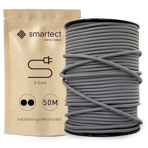 smartect Textilkabel Dunkelgrau, 50 Meter Vintage Lampenkabel Stoff, 2-Adrig (2 x 0.75 mm²) Stromkabel Textilummantelt für eigenes DIY Projekt von smartect