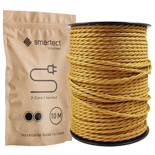smartect Textilkabel Gold, 10 Meter Vintage Lampenkabel Stoff Gedreht, 2-Adrig (2 x 0.75 mm²) Stromkabel Textilummantelt für eigenes DIY Projekt von smartect