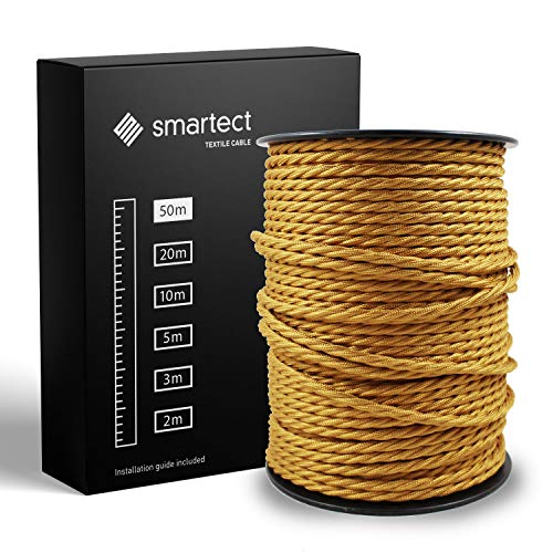 smartect Textilkabel Gold, 50 Meter Vintage Lampenkabel Stoff Gedreht, 3-Adrig (3 x 0.75 mm²) Stromkabel Textilummantelt für eigenes DIY Projekt von smartect