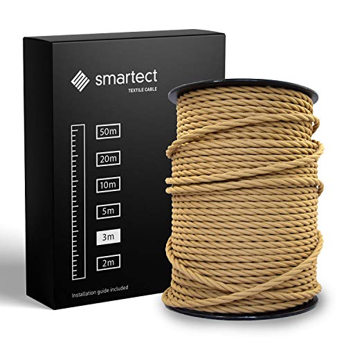 smartect Textilkabel Hellbraun, 3 Meter Vintage Lampenkabel Stoff Gedreht, 3-Adrig (3 x 0.75 mm²) Stromkabel Textilummantelt für eigenes DIY Projekt von smartect