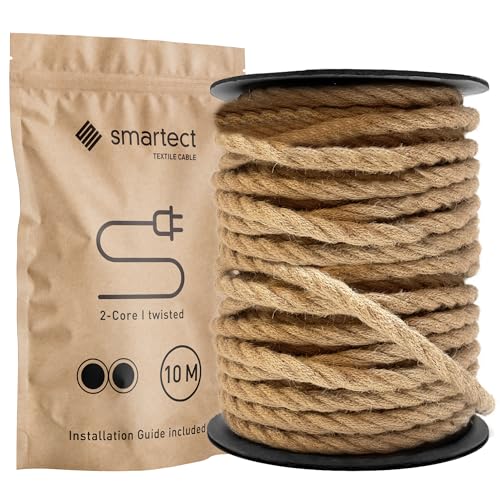 smartect Textilkabel Jute, 10 Meter Vintage Lampenkabel Stoff Gedreht, 2-Adrig (2 x 0.75 mm²) Stromkabel Textilummantelt für eigenes DIY Projekt von smartect