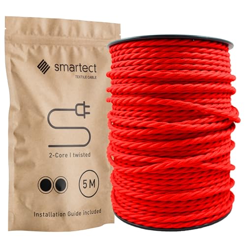 smartect Textilkabel Rot, 5 Meter Vintage Lampenkabel Stoff Gedreht, 2-Adrig (2 x 0.75 mm²) Stromkabel Textilummantelt für eigenes DIY Projekt von smartect