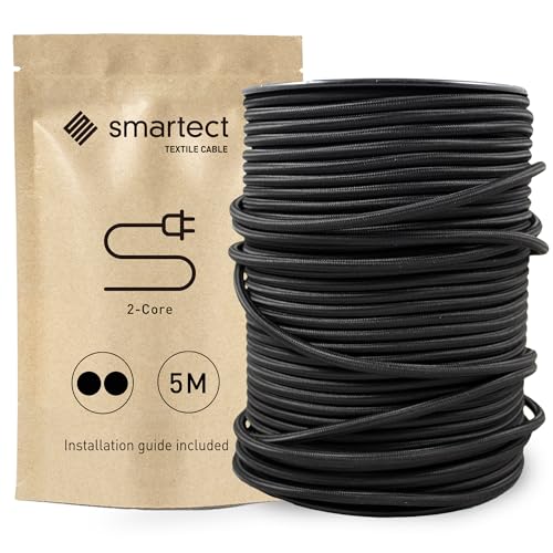 smartect Textilkabel Schwarz, 5 Meter Vintage Lampenkabel Stoff, 2-Adrig (2 x 0.75 mm²) Stromkabel Textilummantelt für eigenes DIY Projekt von smartect