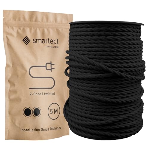 smartect Textilkabel Schwarz, 5 Meter Vintage Lampenkabel Stoff Gedreht, 2-Adrig (2 x 0.75 mm²) Stromkabel Textilummantelt für eigenes DIY Projekt von smartect