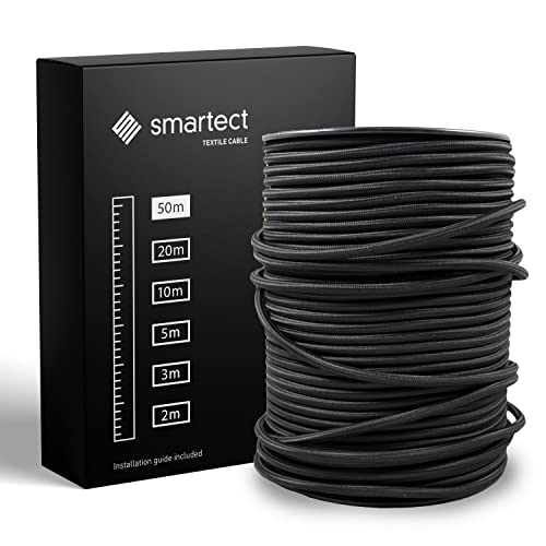 smartect Textilkabel Schwarz, 50 Meter Vintage Lampenkabel Stoff, 3-Adrig (3 x 0.75 mm²) Stromkabel Textilummantelt für eigenes DIY Projekt von smartect