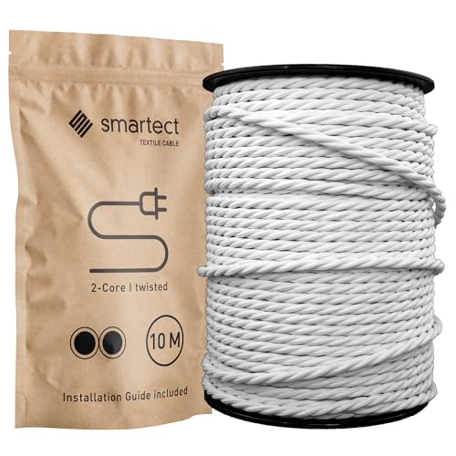 smartect Textilkabel Weiß, 10 Meter Vintage Lampenkabel Stoff Gedreht, 2-Adrig (2 x 0.75 mm²) Stromkabel Textilummantelt für eigenes DIY Projekt von smartect