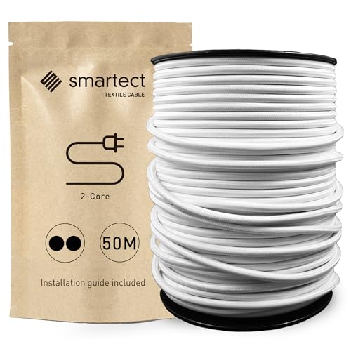 smartect Textilkabel Weiß, 50 Meter Vintage Lampenkabel Stoff, 2-Adrig (2 x 0.75 mm²) Stromkabel Textilummantelt für eigenes DIY Projekt von smartect