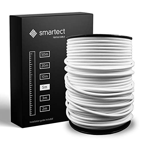 smartect Textilkabel Weiß, 5 Meter Vintage Lampenkabel Stoff, 3-Adrig (3 x 0.75 mm²) Stromkabel Textilummantelt für eigenes DIY Projekt von smartect