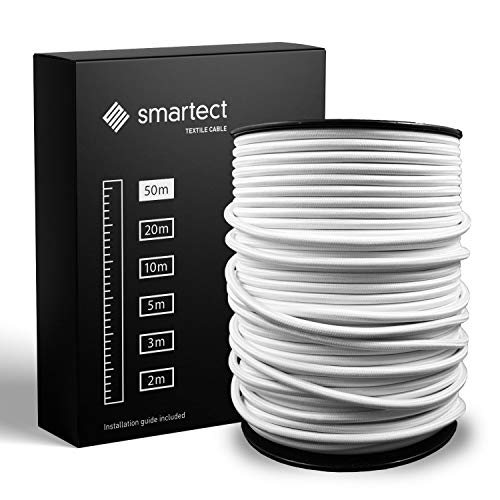 smartect Textilkabel Weiß, 50 Meter Vintage Lampenkabel Stoff, 3-Adrig (3 x 0.75 mm²) Stromkabel Textilummantelt für eigenes DIY Projekt von smartect