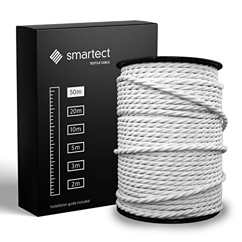 smartect Textilkabel Weiß, 50 Meter Vintage Lampenkabel Stoff Gedreht, 3-Adrig (3 x 0.75 mm²) Stromkabel Textilummantelt für eigenes DIY Projekt von smartect