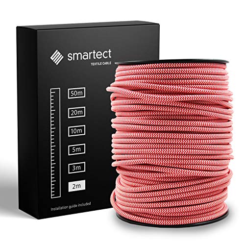 smartect Textilkabel Rot Weiß, 2 Meter Vintage Lampenkabel Stoff, 3-Adrig (3 x 0.75 mm²) Stromkabel Textilummantelt für eigenes DIY Projekt von smartect
