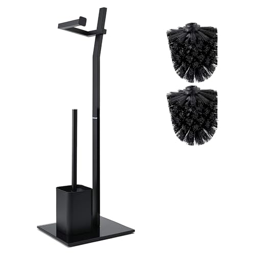 WC-Set – Schwarz – 22 x 18 x 70 cm – Toilettenpapierhalter und Toilettenbürste im Lieferumfang enthalten. – Edelstahl – Basis aus Glas – Plus: 1 + 2 Ersatzbürstenköpfe von smartpeas