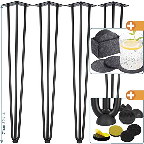 smartpeas 4X Haarnadel Tischbeine Metall - Rostfreies Stahl Tischbeine in Schwarz - Hairpin Leg 71 cm Mit 3 Streben - Plus: Bodenschutz und Filzuntersetzer von smartpeas