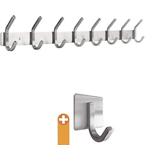 smartpeas Kleiderhaken Garderobenleiste - Rostfreier Gebürsteter Edelstahl - Chrome Matt Kleiderhaken Wand - 8 Feste Haken Halten Bis 30Kg - Plus: 1 Selbstklebender Haken von smartpeas