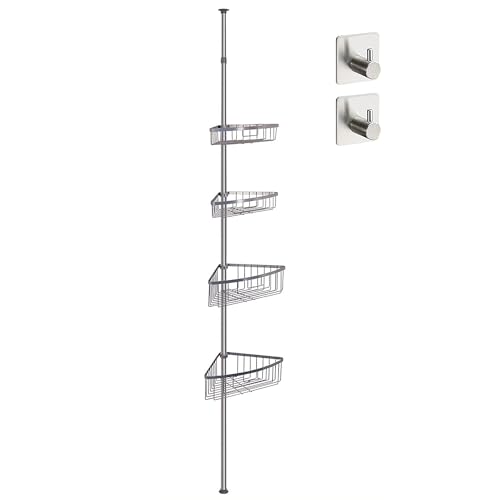 smartpeas Teleskop-Duschablagen ohne Bohren – 4 Körbe – Größe verstellbar von 76 bis 280 cm – Gummierte Endkappen – pulverbeschichteter Stahl mit Chrom-Optik + 2 selbstklebende Haken von smartpeas