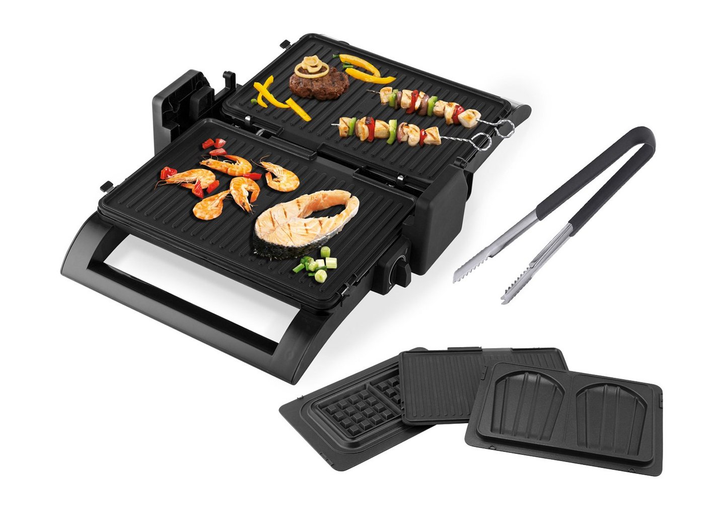 smartwares Kontaktgrill, 1500 W, Elektro Indoor Tisch-Grill Multigrill Waffeleisen Teppanyaki & Zange von smartwares