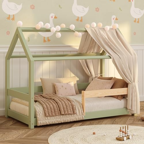 smartwood Hausbett 90x200 cm aus Massivholz - Kinderbett in Grün mit Rausfallschutz & Lattenrost bis 230 kg - Skandinavisches Design - für Jungen & Mädchen - Einfache Montage von smartwood