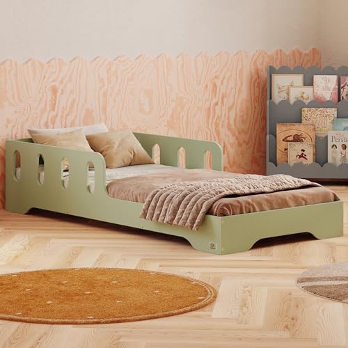 smartwood Kinderbett 80x160 cm in Grün - Montessori Bodenbett mit Rausfallschutz & Lattenrost - Aus handbemaltem Sperrholz - Sicher für Jungen und Mädchen - Einfache Montage - TILA 6 von smartwood