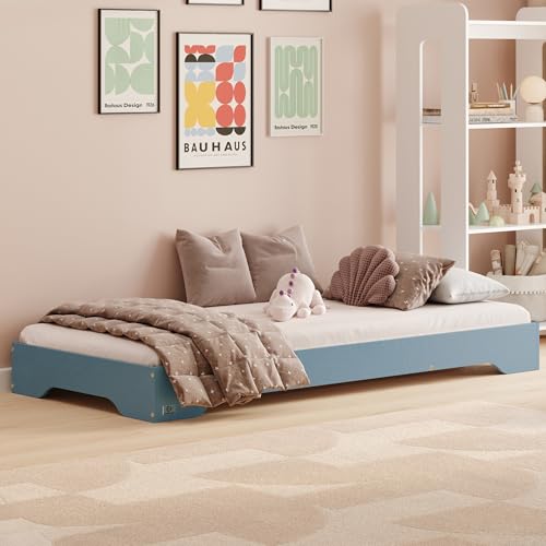 smartwood Kinderbett 80x180 Blau - Bodenbett aus Kiefernholz mit FSC-Zertifikat - Montessori Bett mit gebogenem Lattenrost bis zu 230 kg für Jungen und Mädchen - Einfache Montage - TILA 7 von smartwood