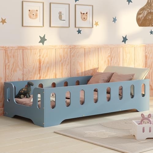 smartwood Bodenbett 120x200 Blau - Montessori Kinderbett aus Holz mit FSC-Zertifikat TILA 2B mit Rausfallschutz & Lattenrost bis 300kg belastbar - Einfache Montage von smartwood