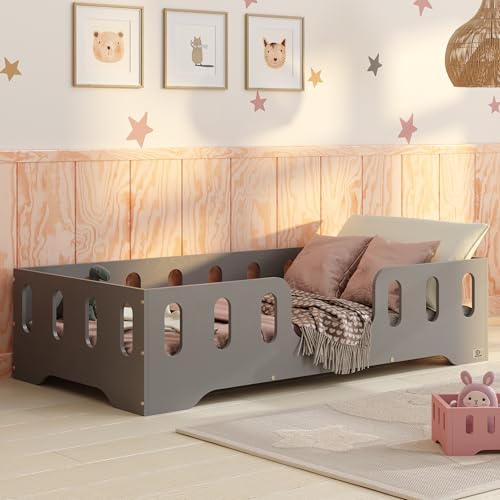 smartwood Bodenbett 70x140 Grau - Montessori Kinderbett aus Holz mit FSC-Zertifikat TILA 2 mit Rausfallschutz & Lattenrost bis 230kg belastbar - Einfache Montage von smartwood