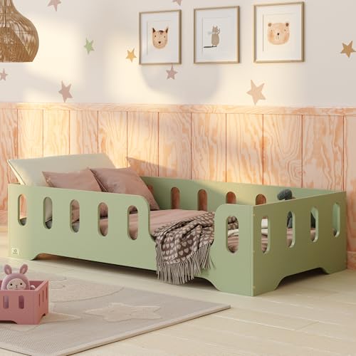 smartwood Bodenbett 70x140 Grün - Montessori Kinderbett aus Holz mit FSC-Zertifikat TILA 2P mit Rausfallschutz & Lattenrost bis 230kg belastbar - Einfache Montage von smartwood