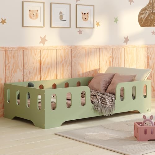 smartwood Bodenbett 80x160 Grün - Montessori Kinderbett aus Holz mit FSC-Zertifikat TILA 2 mit Rausfallschutz & Lattenrost bis 230kg belastbar - Einfache Montage von smartwood