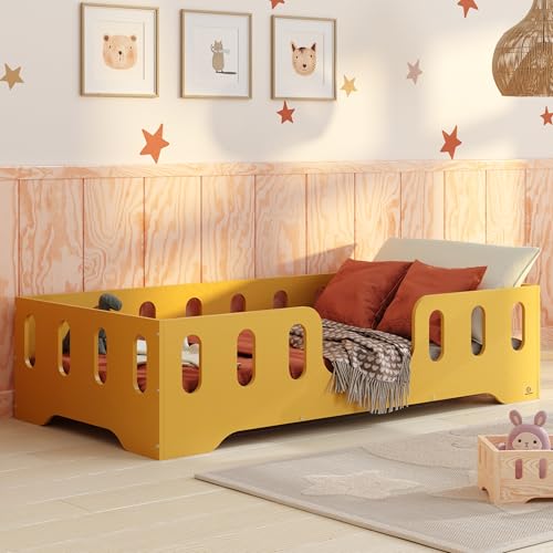 smartwood Bodenbett 80x160 Gelb - Montessori Kinderbett aus Holz mit FSC-Zertifikat TILA 2 mit Rausfallschutz & Lattenrost bis 230kg belastbar - Einfache Montage von smartwood