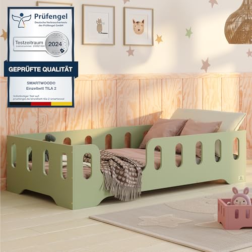 smartwood Bodenbett 90x200 Grün - Montessori Kinderbett aus Holz mit FSC-Zertifikat TILA 2L mit Rausfallschutz & Lattenrost bis 230kg belastbar - Einfache Montage von smartwood