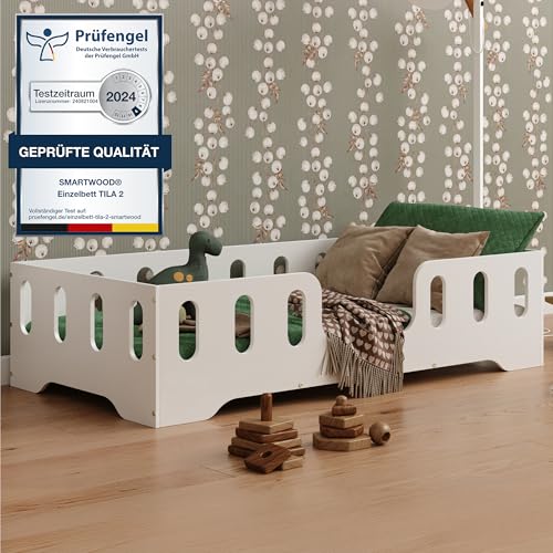 smartwood Bodenbett 80x180 Weiß - Montessori Kinderbett aus Holz mit FSC-Zertifikat TILA 2 mit Rausfallschutz & Lattenrost bis 230kg belastbar - Einfache Montage smartwood Bodenbett 80x180 Weiß - Montessori Kinderbett aus Holz mit FSC-Zertifikat TILA 2 mit Rausfallschutz & Lattenrost bis 230kg belastbar - Einfache Montage von smartwood