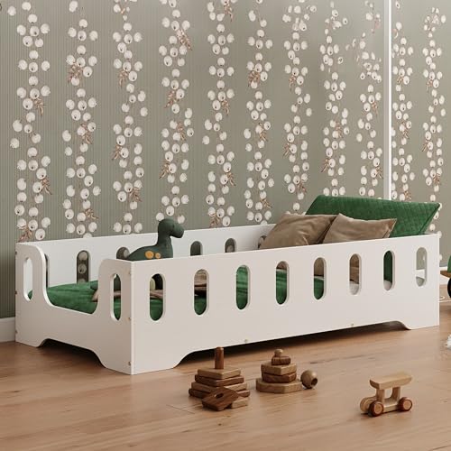 smartwood Bodenbett 70x140 Weiß - Montessori Kinderbett aus Holz mit FSC-Zertifikat TILA 2B mit Rausfallschutz & Lattenrost bis 230kg belastbar - Einfache Montage von smartwood