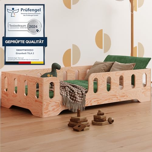 smartwood Bodenbett 100x200 Montessori Kinderbett aus Holz mit FSC-Zertifikat TILA 2L mit Rausfallschutz & Lattenrost bis 230kg belastbar - Einfache Montage von smartwood