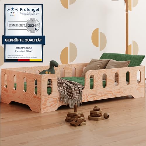 smartwood TILA 2L Kinderbett 100x200 mit Lattenrost und Rausfallschutz - Neuheit - Holz Kinderbett für Jungen & Mädchen - vielseitiges Montessori Bett mit Rausfallschutz und Lattenrost 200x100 cm. von smartwood